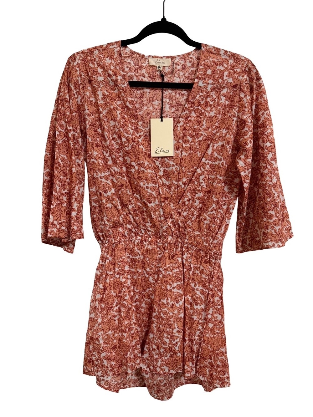 Elan Rust Floral V-Neck Romper with Elastic Waist